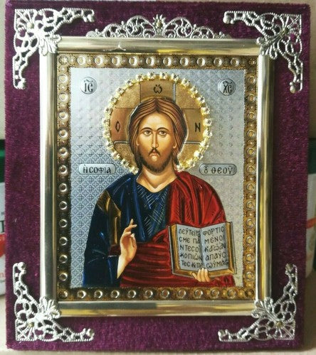Ikone Jesus Christus Господь Вседержитель mit Goldprägung Holz in Samt , 15x13см