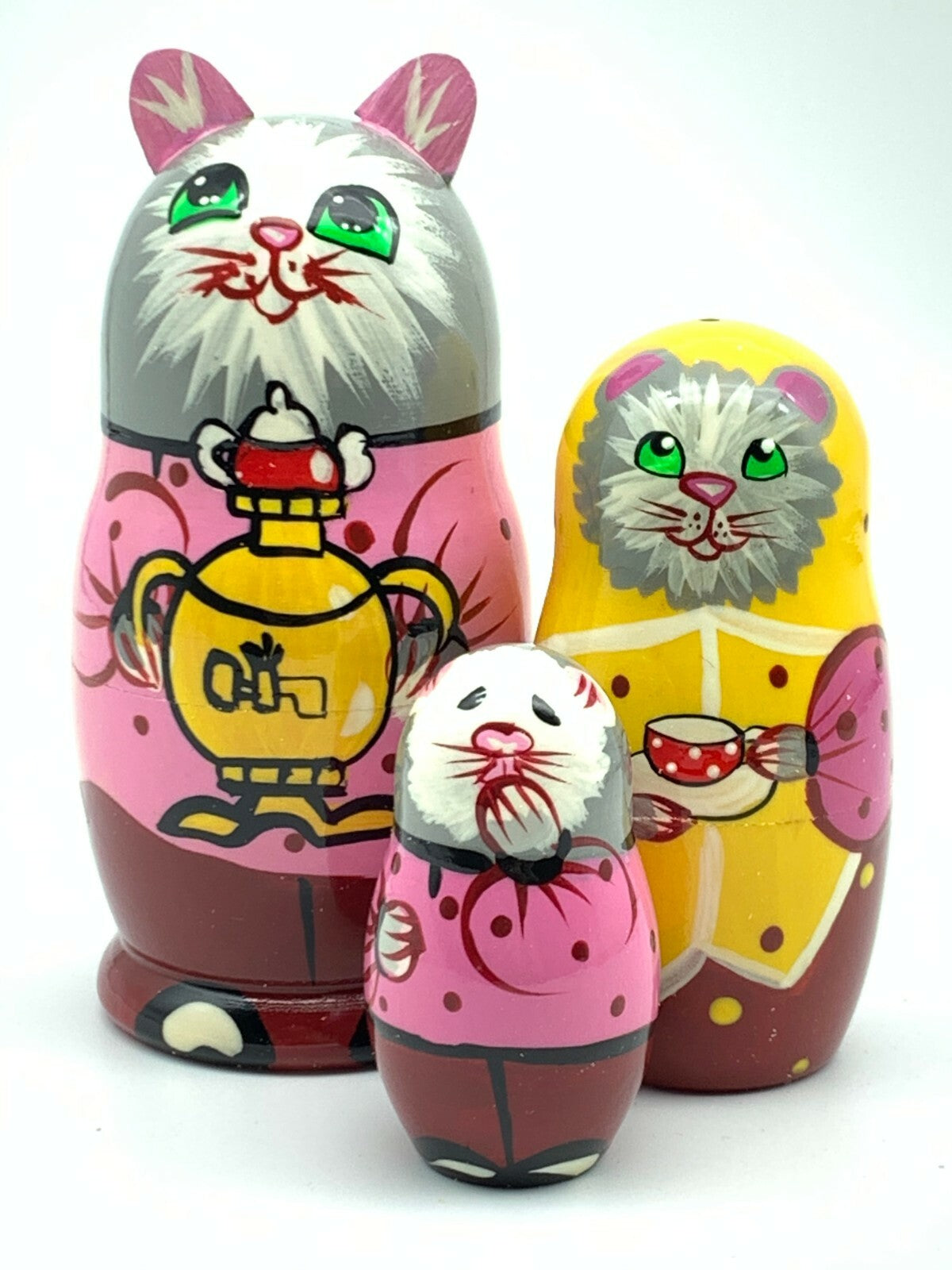 Matroschka 3tlg. Kater  Katze mit Samowar  handgemalt Russland  neu, 11 cm