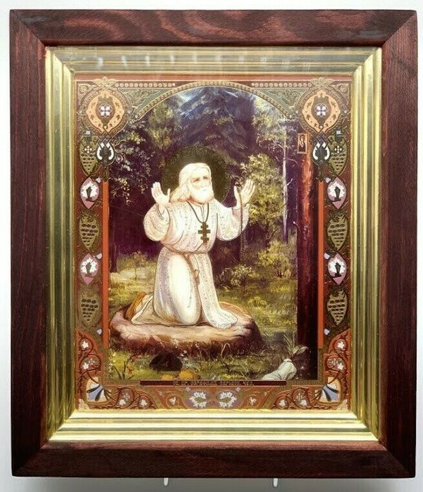 Ikone Serafim Sarowskij Holz Kivot unter Glas 31x27x 3 cm