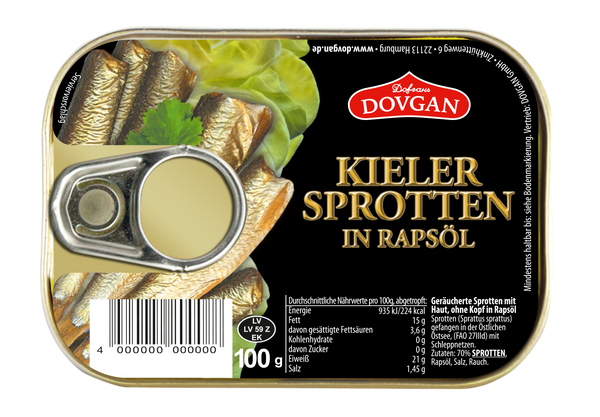 10x DOVGAN Kieler Sprotten in Öl  10 Dosen je 100g Abtropfgewicht 70g