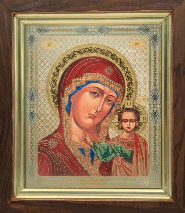 Ikone Gottesmutter vom Kasan in Holz Kiot unter Glas 21x18 cm