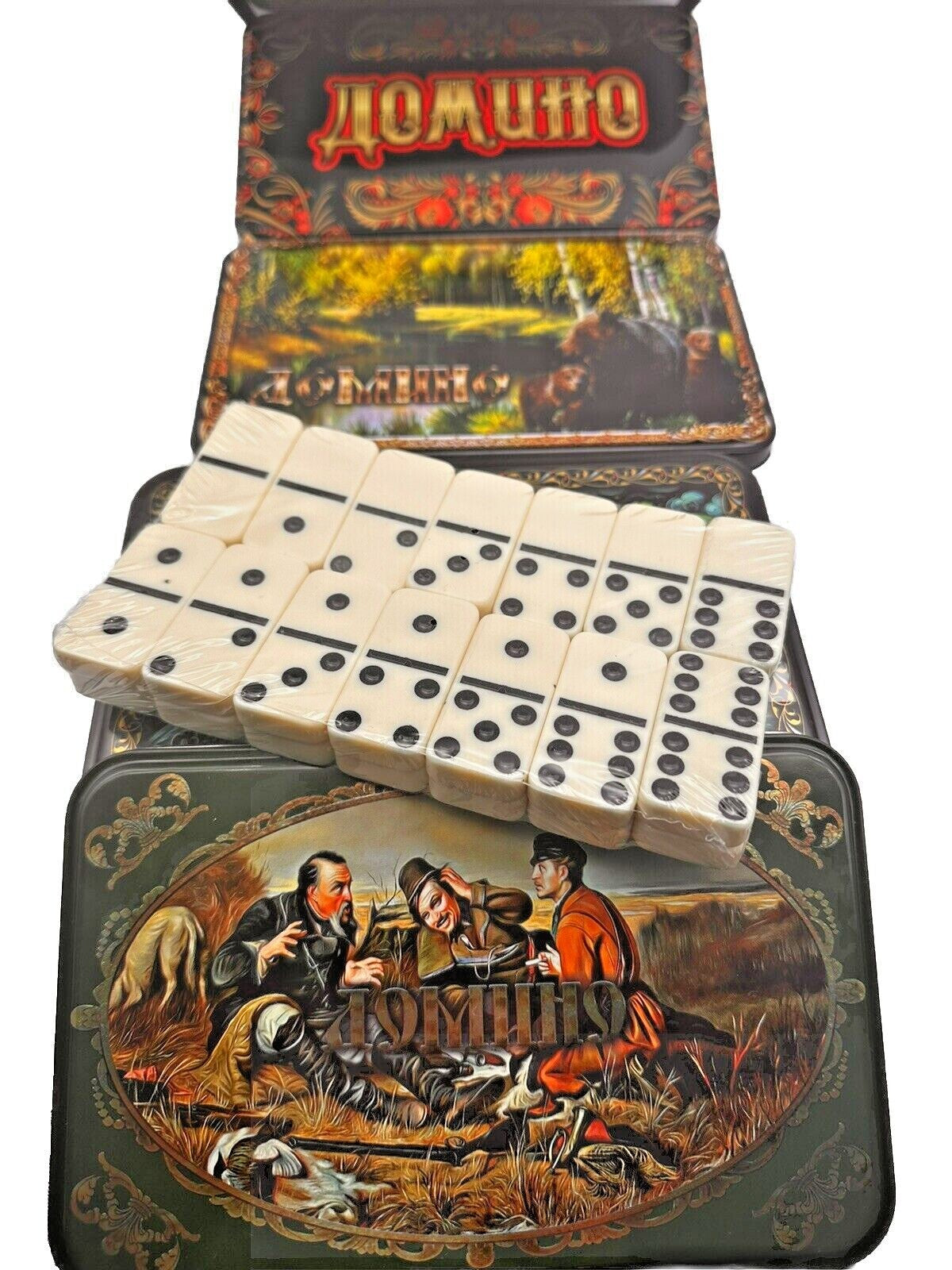 Russische Spiel Domino Tischspiel Weiß in Metallbox Blechdose Игра Домино