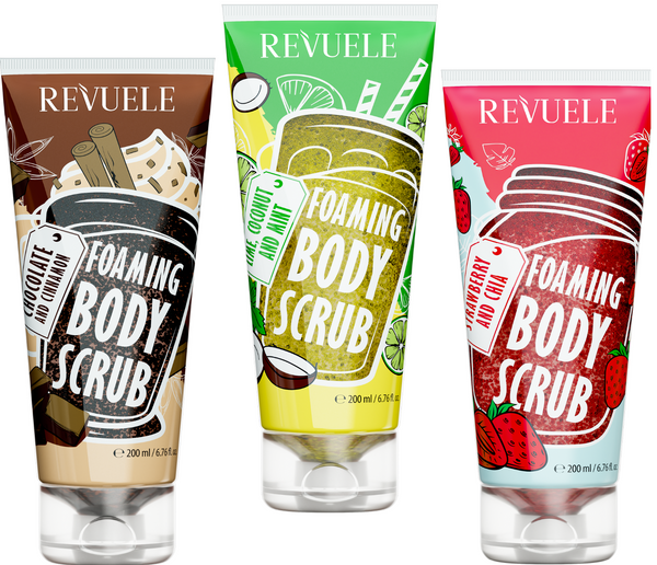 3tlg. Set REVUELE SCHÄUMENDES KÖRPERPEELING Schokolade Limette Erdbeeren 3x200ml