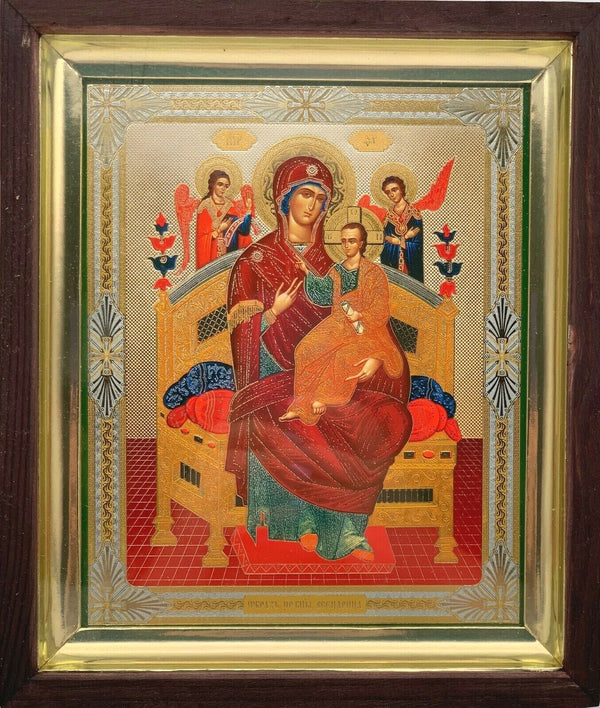 Ikone in Kivot Holz Glas Gottesmutter Wsezaritza Goldprägung  18 x21 cm