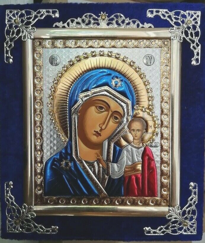 Ikone GM von Kasan Holz in Samt Богородица Казанская освящена  15 x 13cm
