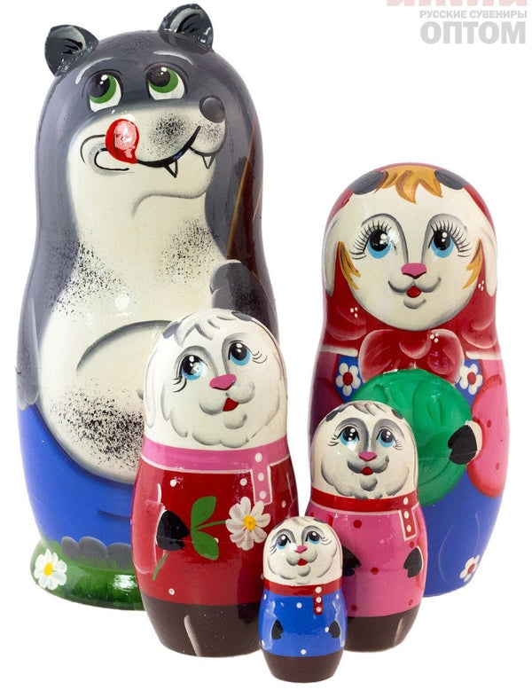 Matroschka 5tlg. Märchen der Wolf & 7 jungen Geißlein Brüder Grimm 17 cm