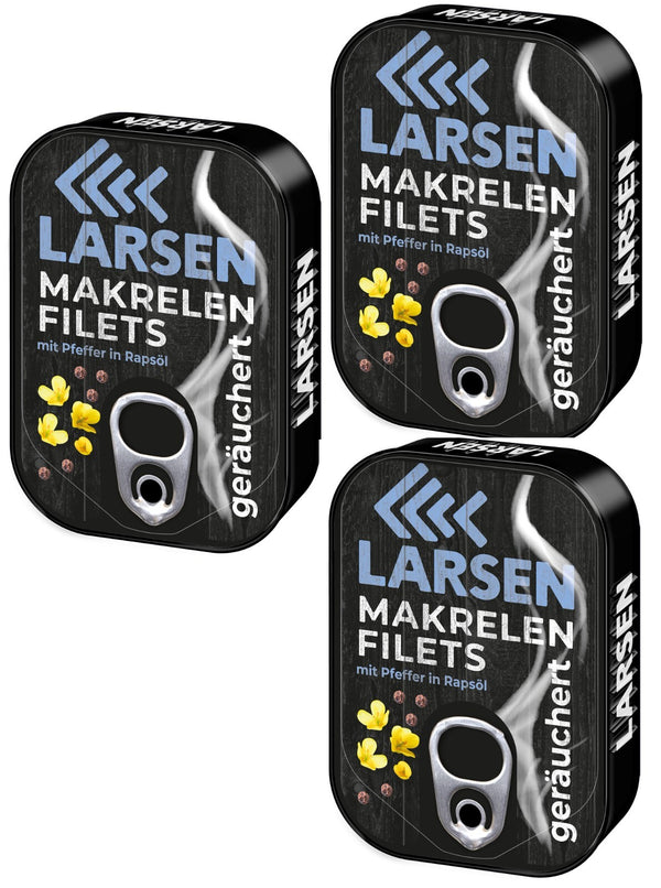 LARSEN Pfeffer Makrelenfilets geräuchert in Rapsöl 3x 110g / Fischeinwaage 83g