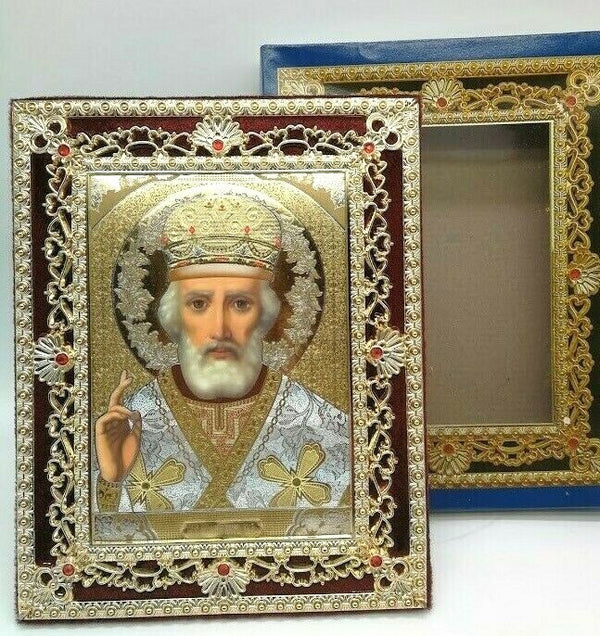 Ikone Heiliger Nikolaus  Holz  Samt Ständer Kartonbox  18x 23cm