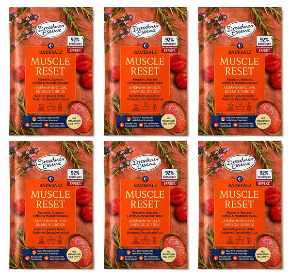 6er Pack Dresdner Essenz Badesalz Muscle Reset mit Rosmarin, Guarana, Coffein & Muskatellersalbei, 6 x 60g