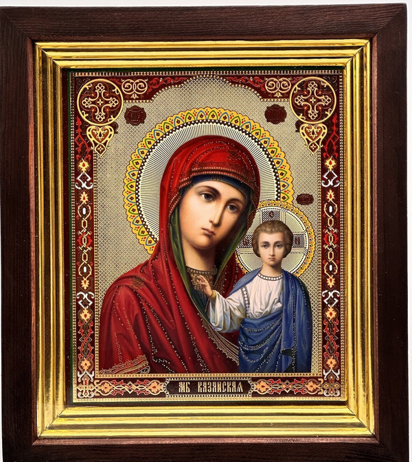 Ikone in Kivot Holz Glas Gottesmutter von Kasan Kasanskaja Казанская,  31x27 cm