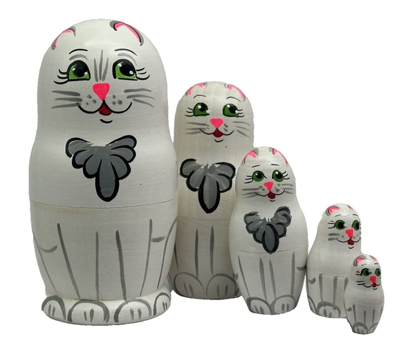 Matroschka 5tlg. Weißer Kater  Katzenfamilie handgemalt neu 10 cm