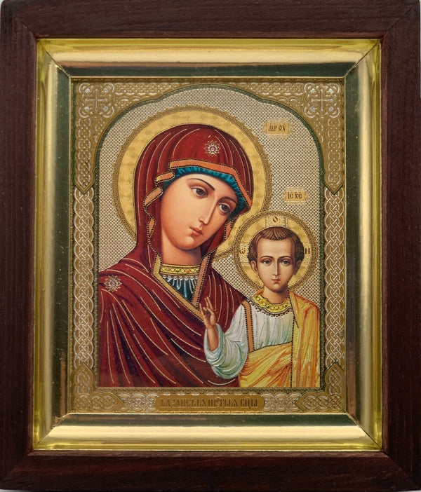 Ikone Gottesmutter vom Kasan in Holz Kivot unter Glas,  25x22 cm