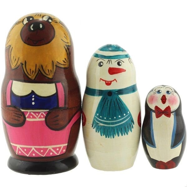 Matroschka 3tlg. Matreschka Bär Schneemann Pinguin handgemalt Russland  10cm