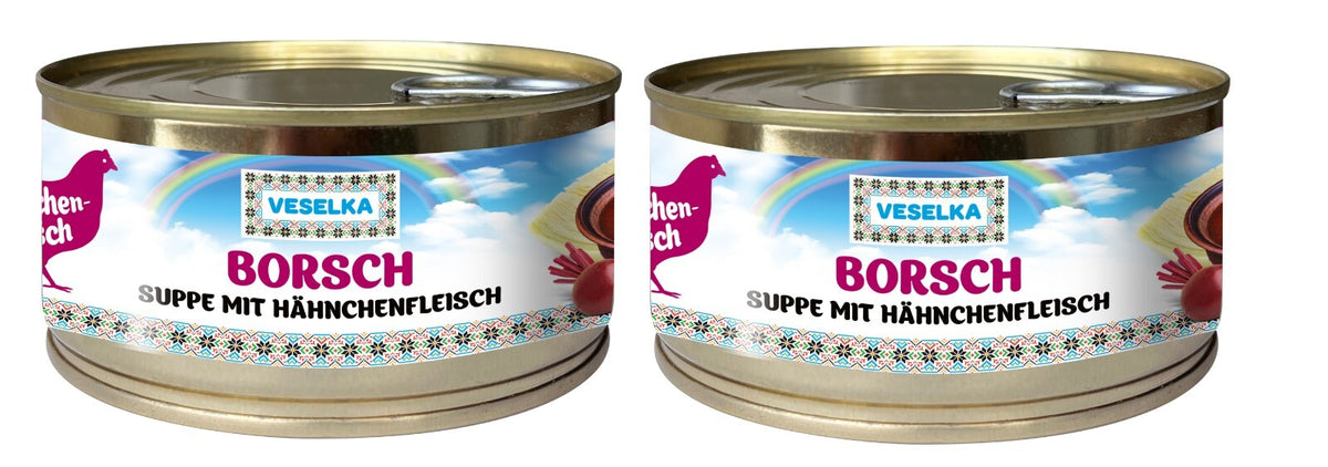 2x VESELKA Borschtsch Suppe Hähnchenfleisch 2 Dose je 325g (273g Abtropfgewicht)