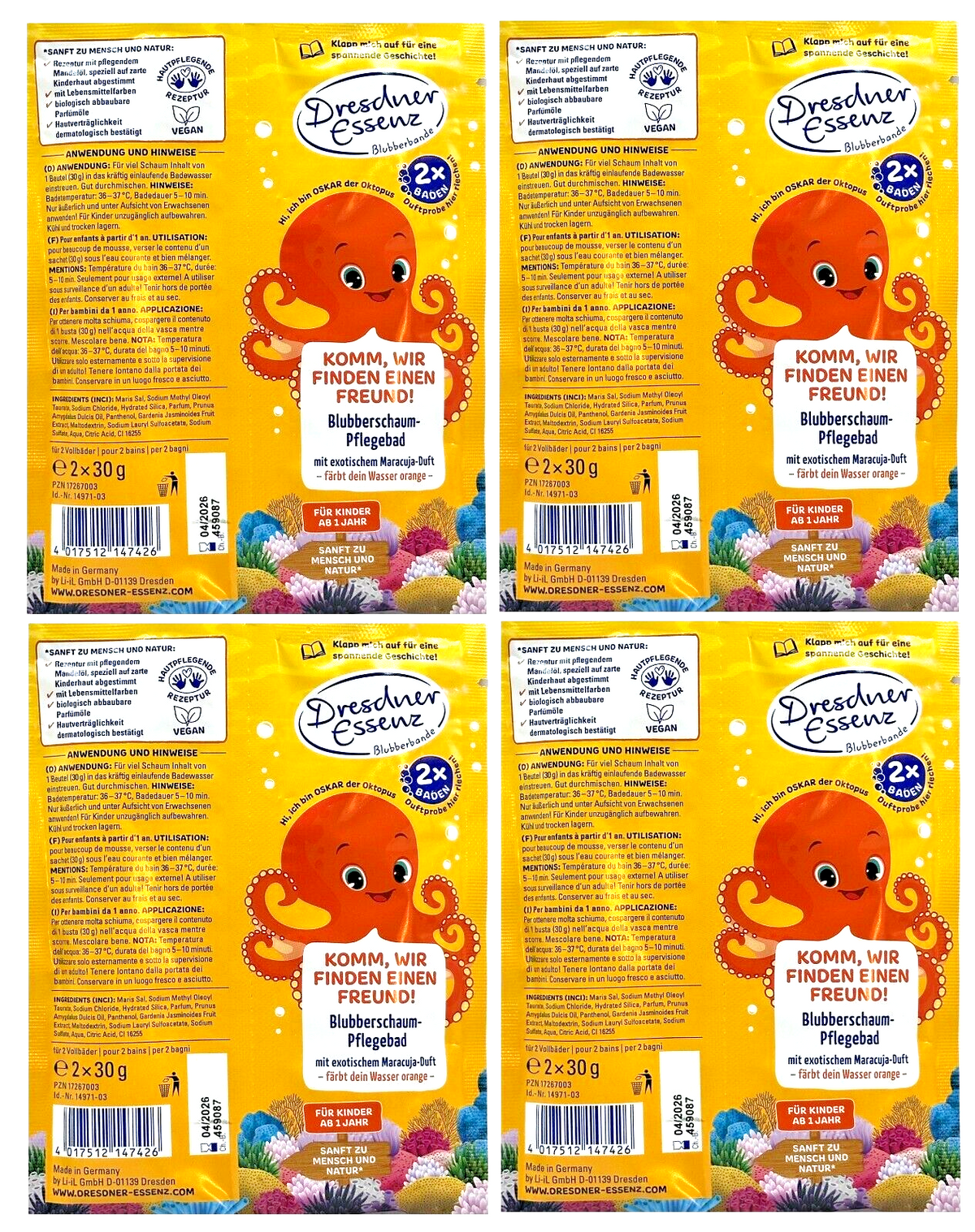 4er Pack Dresdner Essenz Blubberschaum-Pflegebad OSKAR Oktopus (2x30g) 4 x 60g