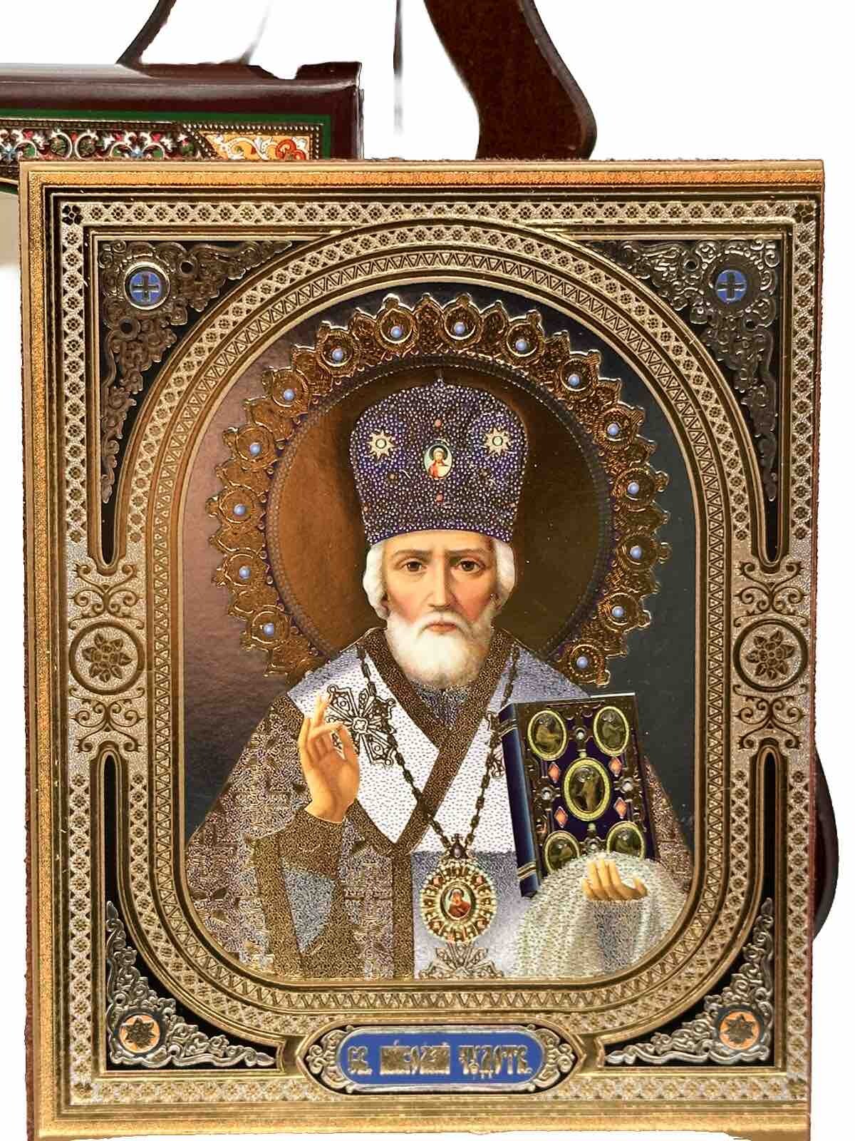 Ikone Heiliger Nikolaus Holz im Kartonbox mit Goldprägung, 10x 12cm