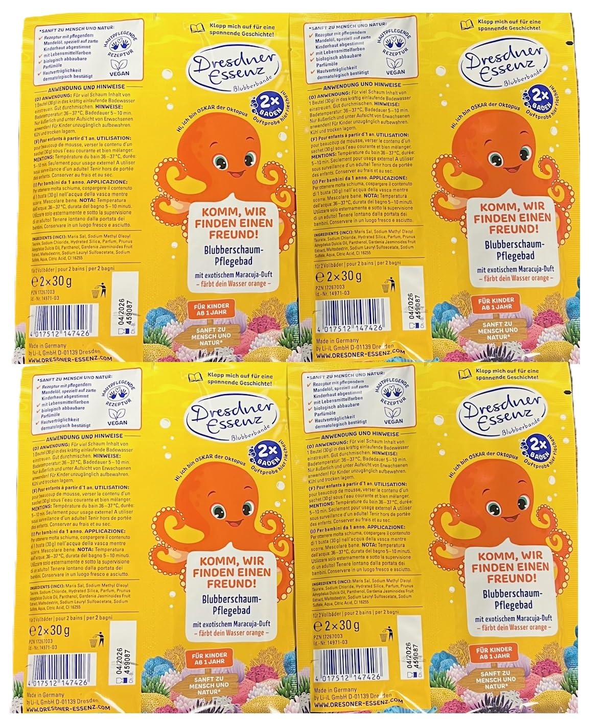 4er Pack Dresdner Essenz Blubberschaum-Pflegebad OSKAR Oktopus (2x30g) 4 x 60g