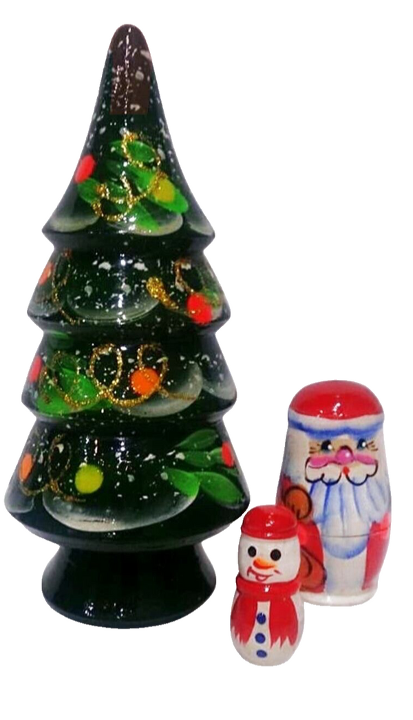 Matroschka 3tlg. Tannenbaum Elka Ded Moros Santa handgemalt Russland  11,5 cm
