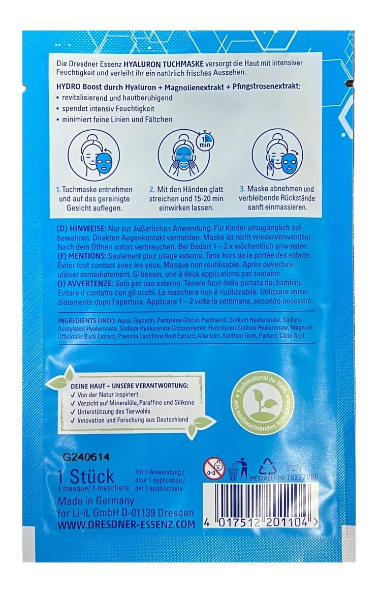 6er Pack Dresdner Essenz Tuchmaske Hyaluron Magnolie Pfingstrose 6 Stück