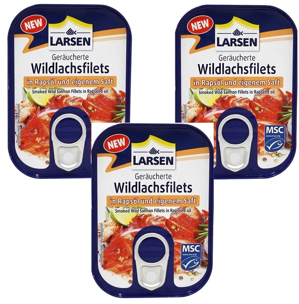 3x LARSEN Pfeffer Wildlachsfilets geräuchert 3 Dosen je 110g / Fischeinwaage 84g