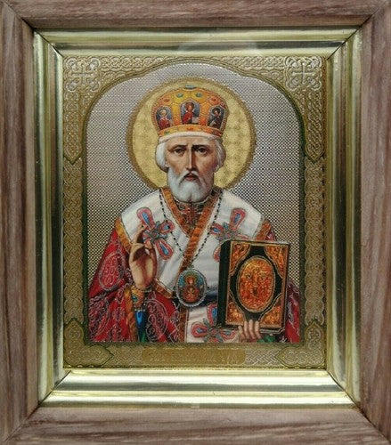 Ikone Heilige Nikolaus икона в киоте Holz Glas Николай Чудотворец  13 x 16 x 3cm