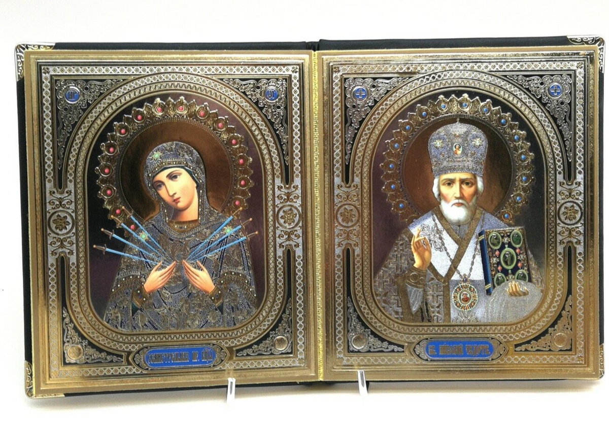 Ikone 2-fach Holz in Kunstleder faltbar GM Semistrelnaja   Nikolaus  15x18сm