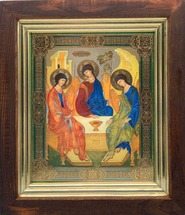 Ikone in Kiot Holz Glas heilige Dreifaltigkeit Rublev  Святая Троица 28x24cm