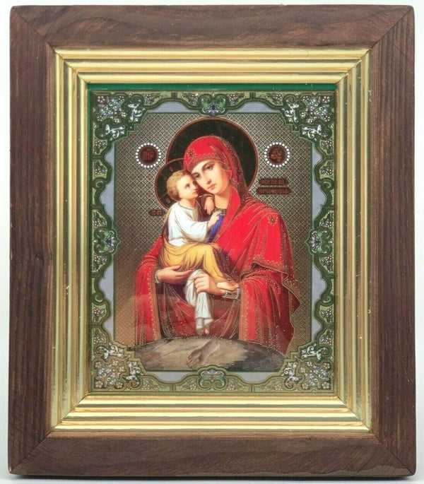 Ikone in Kiot Holz Glas Gottesmutter Pochaewskaja Goldprägung  25 x22x3cm