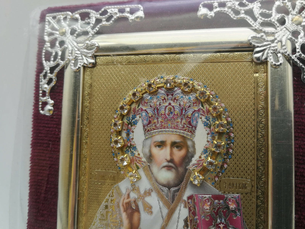 Ikone Heilige Nikolaus Holz in Samt икона Николай Чудотворец, 11 x 9 cm