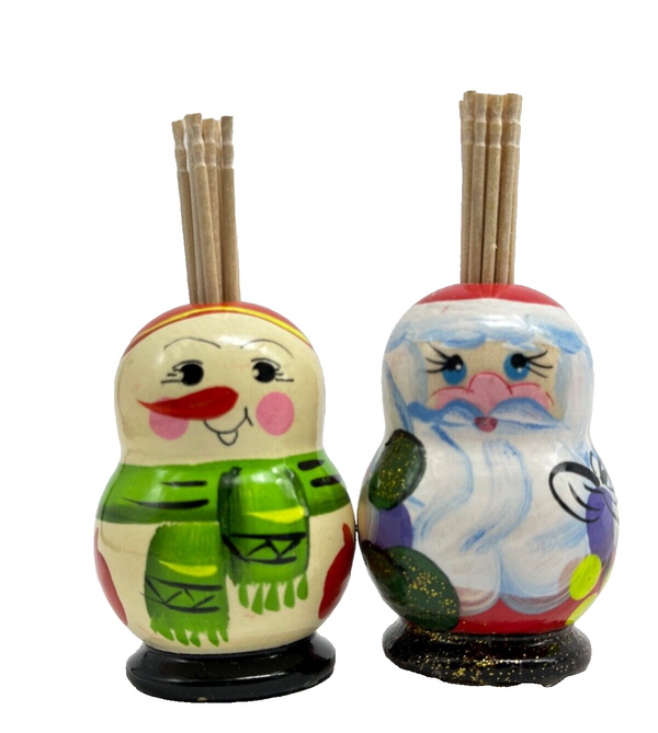 2tlg Set  Zahnstocherständer Matroschka handgemalt Ded Moros Schneemann