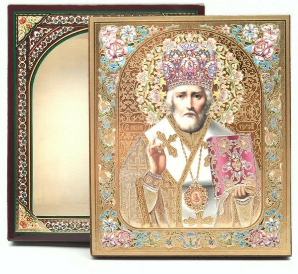 Ikone Heiliger Nikolaus Holz im Kartonbox mit Goldprägung, 10x 12cm