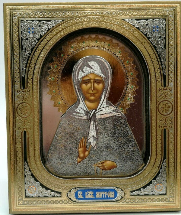 Ikone Heilige Matrona von Moskauer Holz Goldprägung mit Ständer 10x12 cm