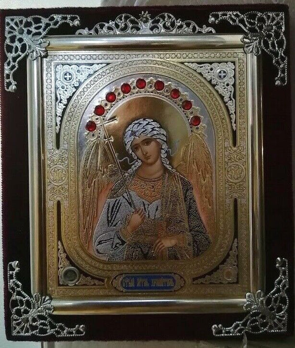 Ikone Engel Schutzengel mit Goldprägung Holz in Samt  15x13 см
