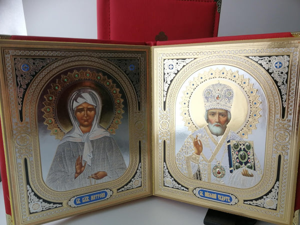 Ikone 2-fach Holz Kunstleder faltbar Heilige Matrona Nikolaus 15x18сm