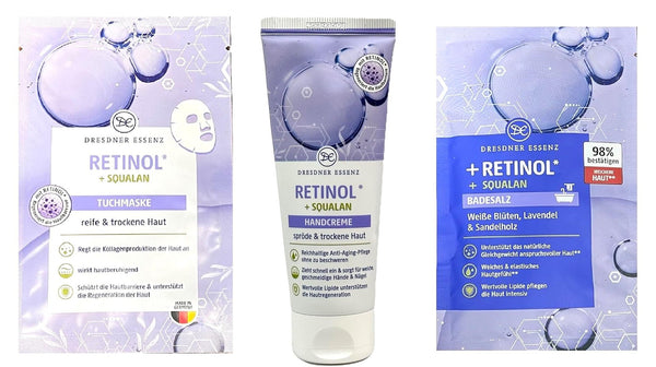 3tlg Set Dresdner Essenz Tuchmaske+ Badesalz+Handcreme Retinol Squalan
