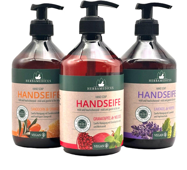 3x Herbamedicus Hand Seife Lavendel Granatapfel Sanddorn/Orange 3x500ml
