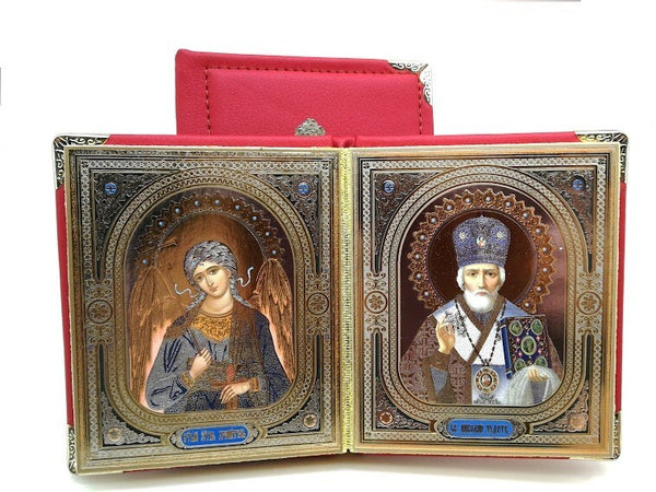 Ikone 2-fach Holz in Kunstleder faltbar  Schutz Engel Heilige Nikolaus10x12сm