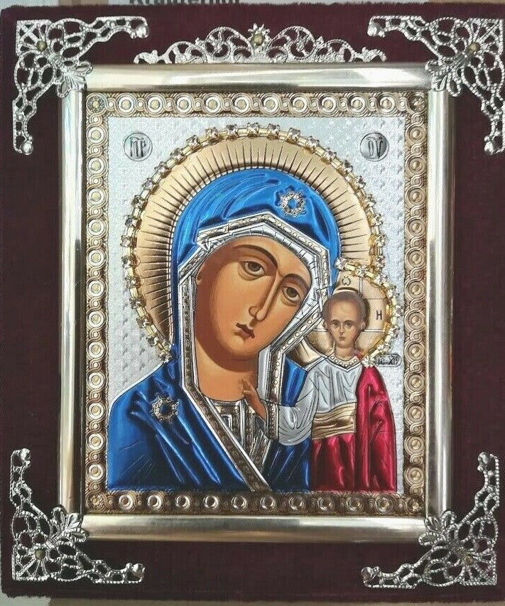 Ikone GM von Kasan Holz in Samt Богородица Казанская освящена  15 x 13cm